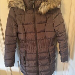 Laundry By Shelli Segal Women's Brown Quilted Puffer Coat with Faux Fur Trim